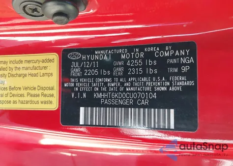 2012 Hyundai Genesis 2.0T Premium from USA, damaged, VIN KMHHT6KD0CU070104